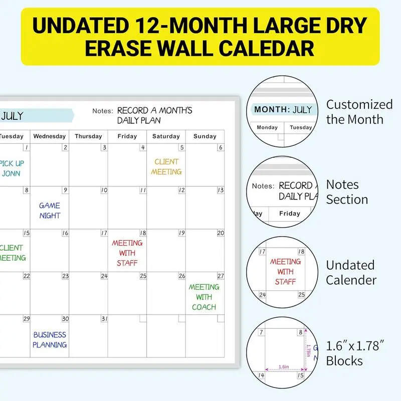 Erasable Large Wall Planner Calendar Erasable 12 Month Schedule Planner Reusable Blank Whiteboard Yearly Calendar for Holidays