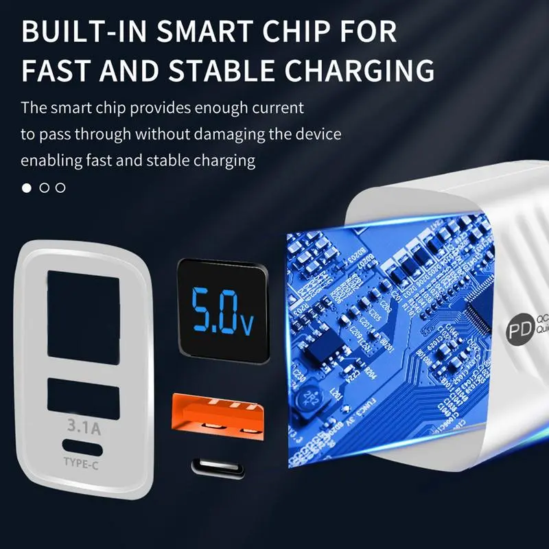 USB Type C Charger 20W PD Fast Charging Digital Display Phone Charge Adapter USB Wall Charger For Traveling Trip Business