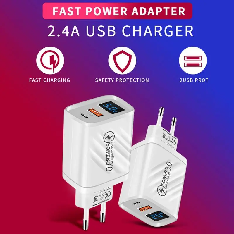 USB Type C Charger 20W PD Fast Charging Digital Display Phone Charge Adapter USB Wall Charger For Traveling Trip Business