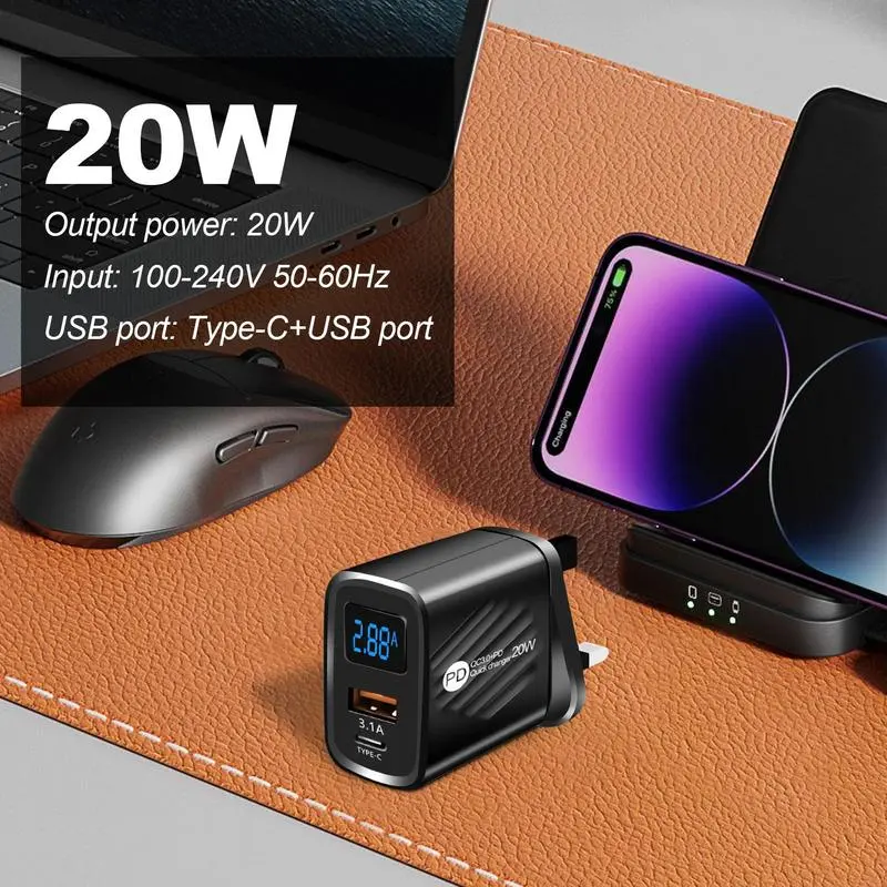 USB Type C Charger 20W PD Fast Charging Digital Display Phone Charge Adapter USB Wall Charger For Traveling Trip Business