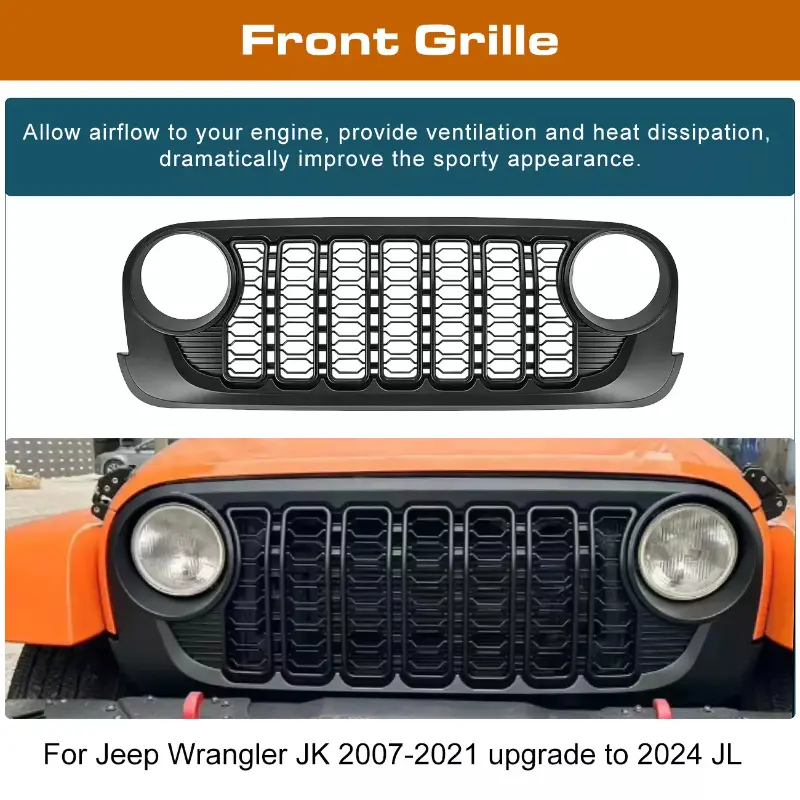 Front Grill Bumper Mesh Grille For Jeep Wrangler JK 2007~2017 upgrade to 2024 JL Car Cover Grille Car Accessories Matte Black