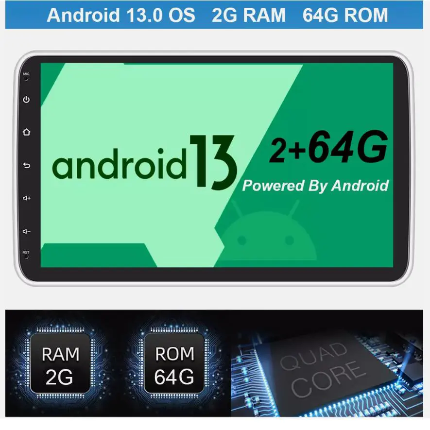 Car Multimedia Player Single 1DIN 180° Rotatable 10.1'' Android 13 2+64G Wireless Carplay Touch Screen Car Stereo Radio GPS WiFi