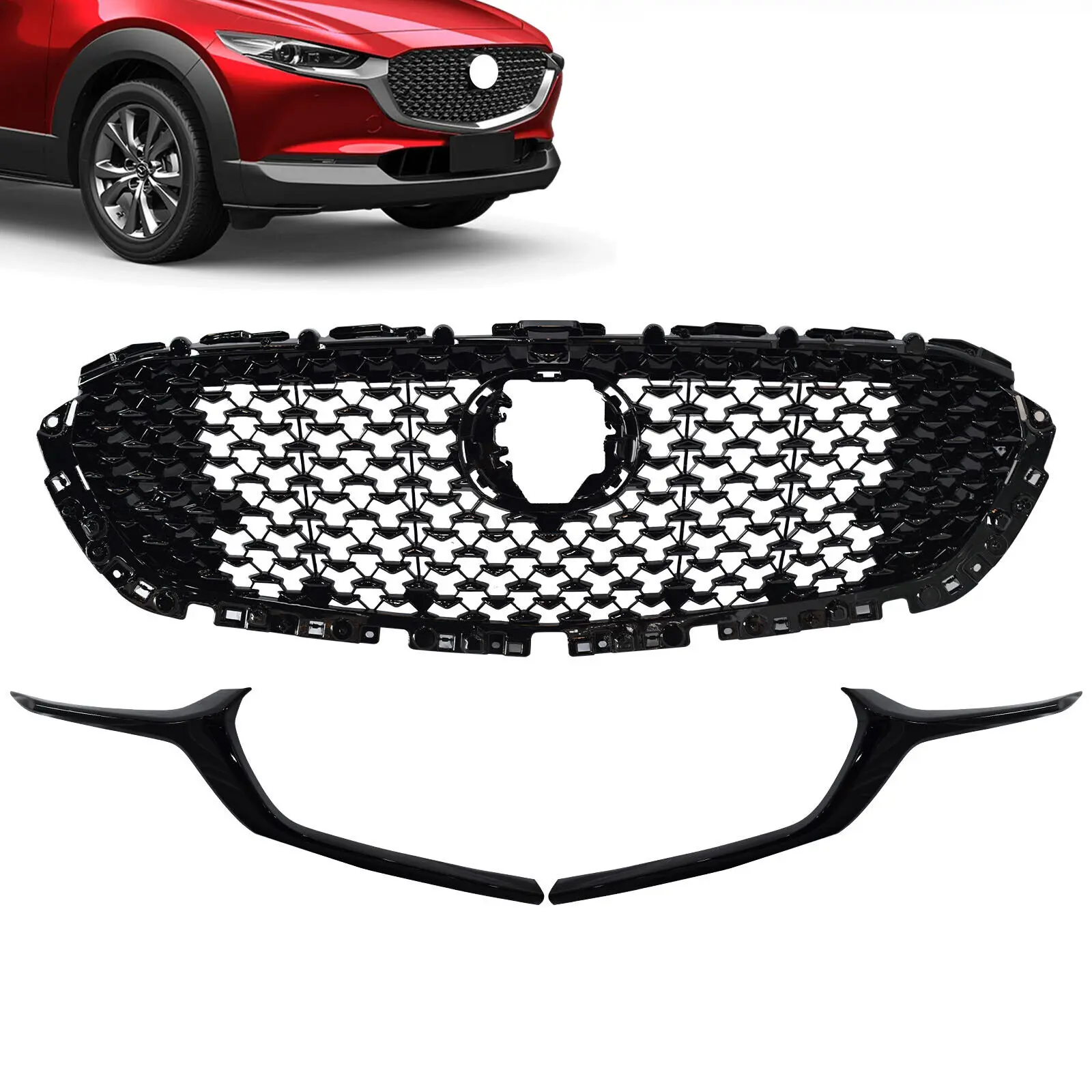 Car Front Grille And Front Grille Molding Trim For Mazda CX-30 2020-2023 Gloss Black Front Bumper Grill Front Mesh upper Grille