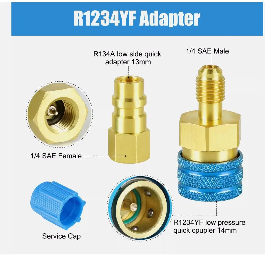 R1234YF to R134A  Adapter kit Quick Couplers High Low Side Conversion Air Conditioning Refrigerant Adjustable AC Manifold Gauge
