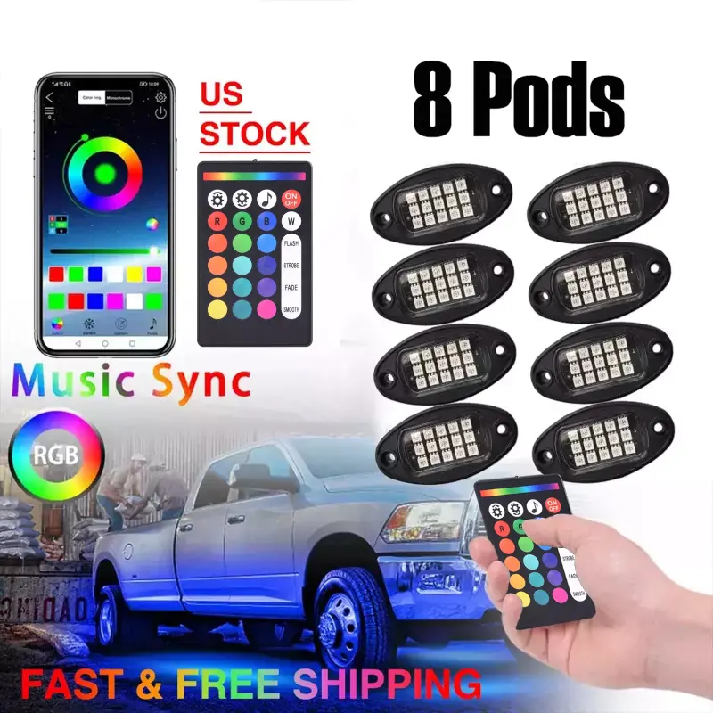 8Pods RGB LED Rock Lights Car Chassis Light Atmosphere Lights Universal For Jeep Off-Road Truck SUV UTV ATV Car Wheel Lights