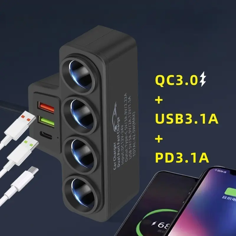 Car Charger Splitter Multi Ports PD30W QC3.0 Cigarette Lighter Adapter Car Cigarette Lighter Socket Splitter with Switch