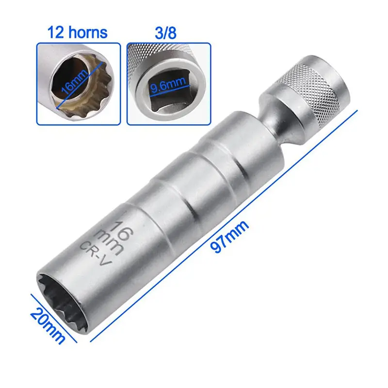 14/16mm Spark Plug Socket Wrench Magnetic 12 Angle Spark Plug Removal Tool Thin Wall 3/8" Drive Sockets Car Repairing Tool