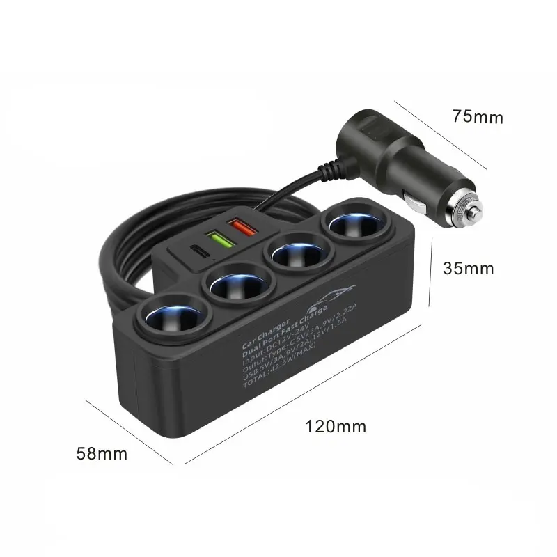Car Charger Splitter Multi Ports PD30W QC3.0 Cigarette Lighter Adapter Car Cigarette Lighter Socket Splitter with Switch