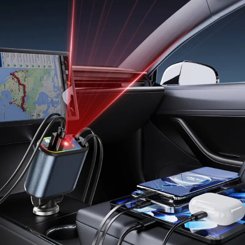 Car Charger with Retractable Cables, Starlight 4 in 1 Super Fast Car Phone Charger, 2 USB Ports Starry Sky Car Charger Adapter