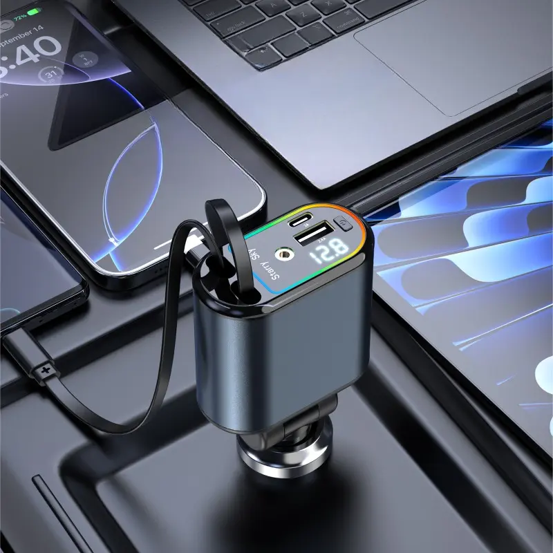 Car Charger with Retractable Cables, Starlight 4 in 1 Super Fast Car Phone Charger, 2 USB Ports Starry Sky Car Charger Adapter