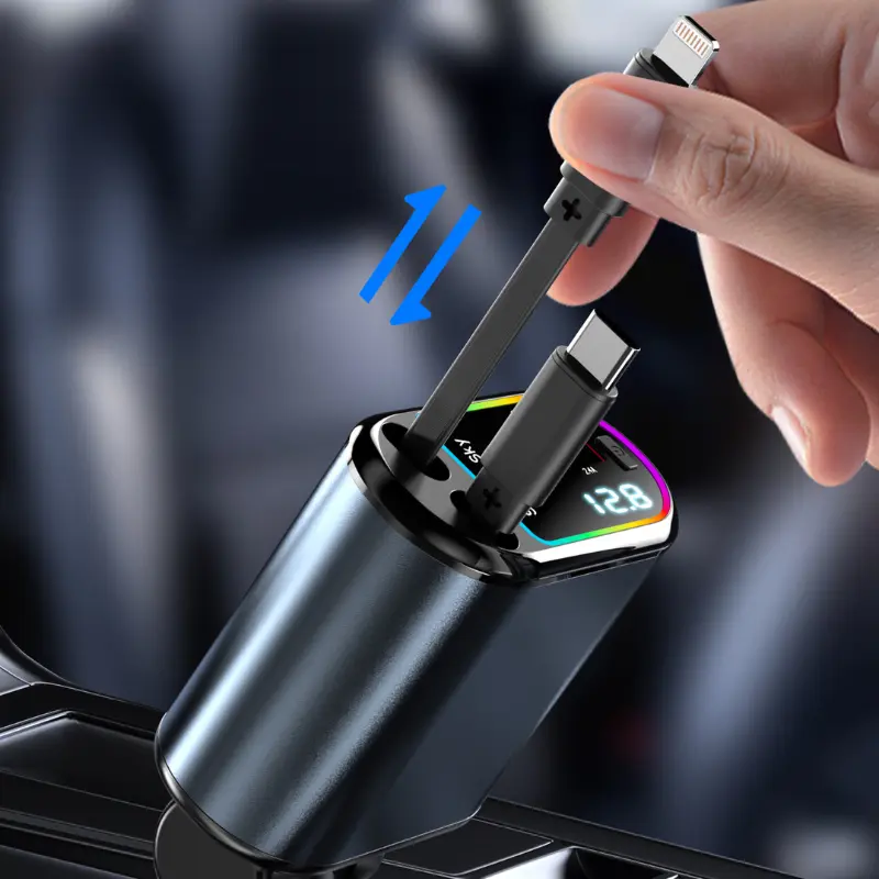 Car Charger with Retractable Cables, Starlight 4 in 1 Super Fast Car Phone Charger, 2 USB Ports Starry Sky Car Charger Adapter