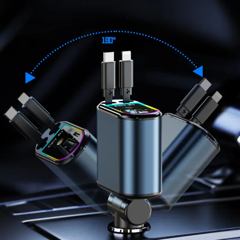 Car Charger with Retractable Cables, Starlight 4 in 1 Super Fast Car Phone Charger, 2 USB Ports Starry Sky Car Charger Adapter