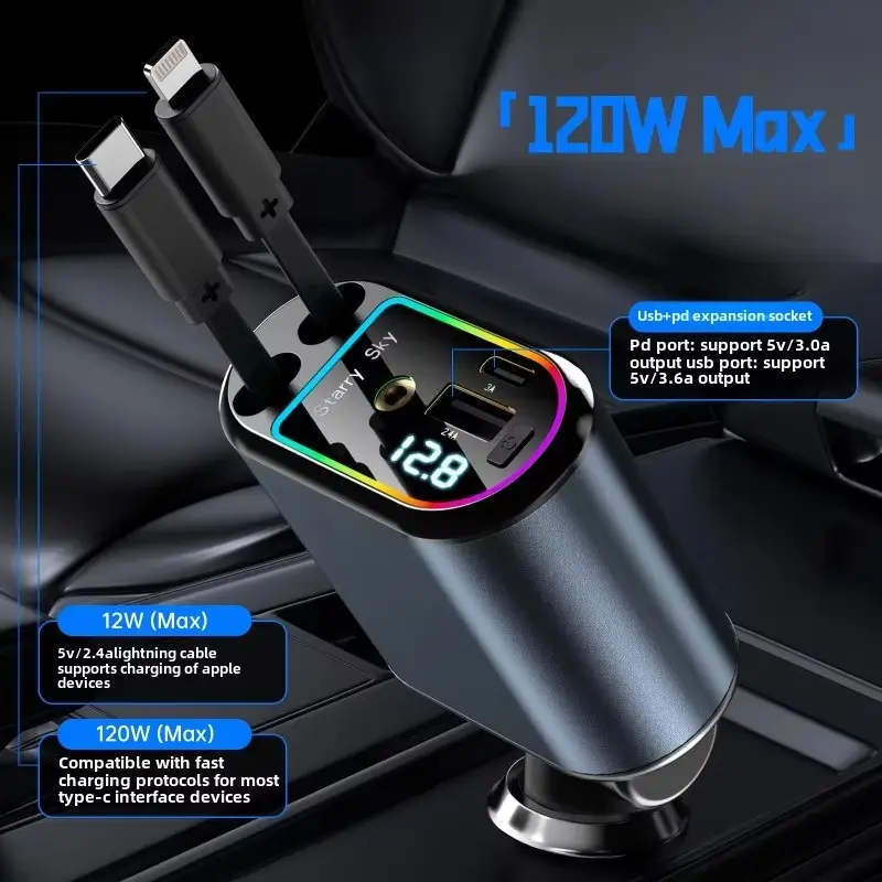 Car Charger with Retractable Cables, Starlight 4 in 1 Super Fast Car Phone Charger, 2 USB Ports Starry Sky Car Charger Adapter