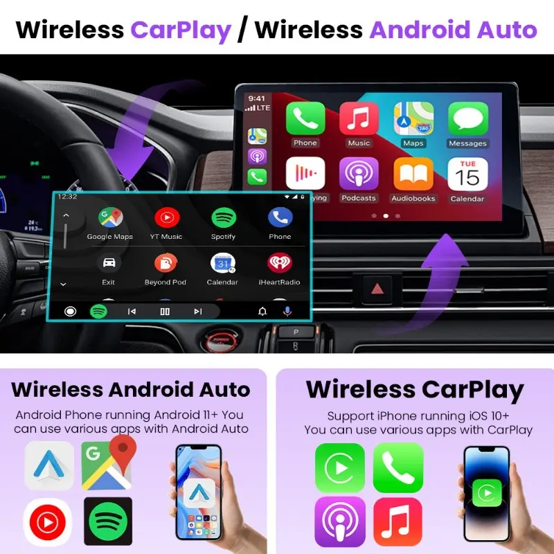 2-in-1 Wireless CarPlay & Android Auto Adapter, Plug & Play CarPlay Converts Wired to Wireless, Fast Auto-Connect, No Lag