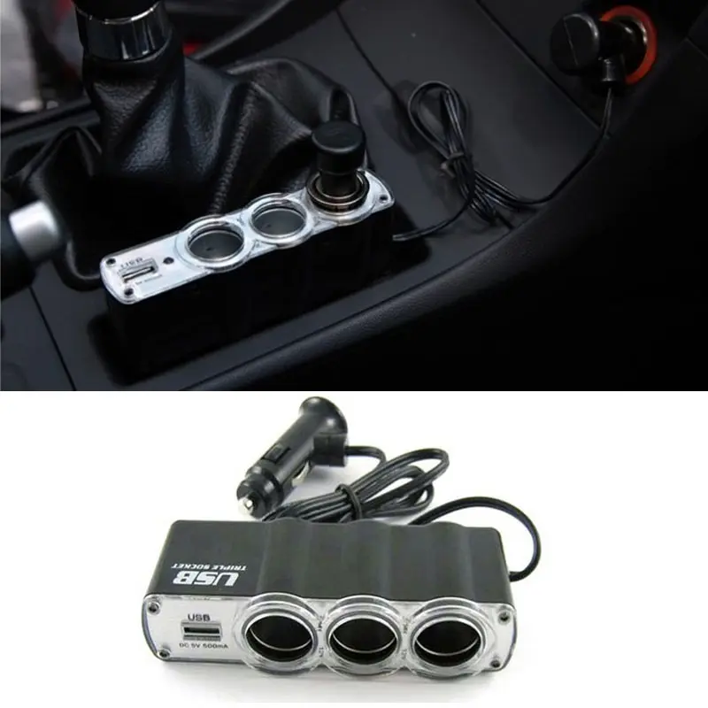 Car Lighter Adapter Charger Adapter Triple Splitter Lighter Output 12V ABS Black Cigar Lighter Multi Car Adapter Socket USB Port