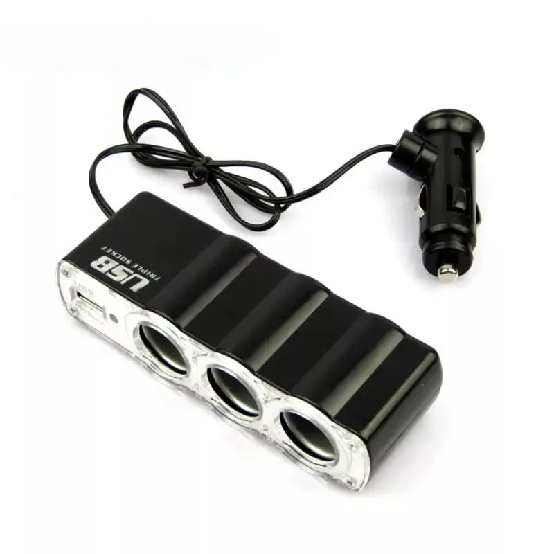 Car Lighter Adapter Charger Adapter Triple Splitter Lighter Output 12V ABS Black Cigar Lighter Multi Car Adapter Socket USB Port