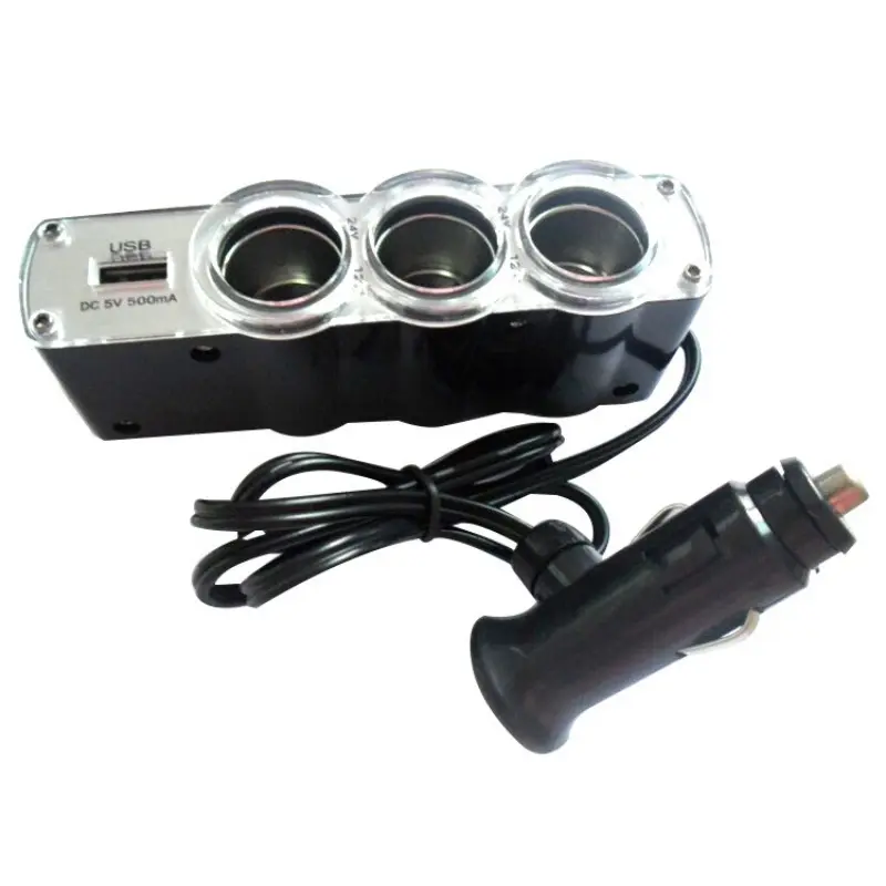 Car Lighter Adapter Charger Adapter Triple Splitter Lighter Output 12V ABS Black Cigar Lighter Multi Car Adapter Socket USB Port