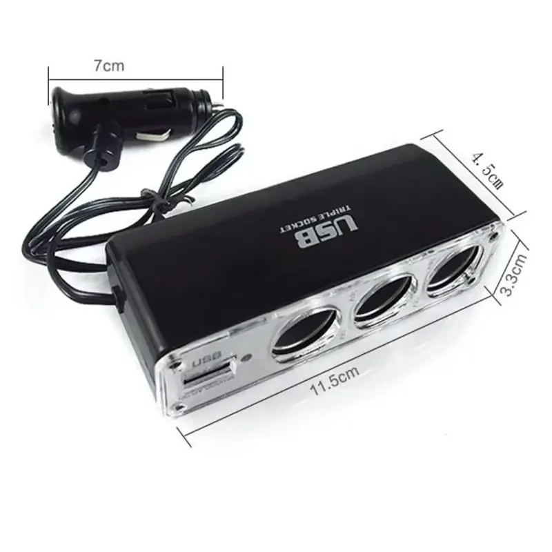 Car Lighter Adapter Charger Adapter Triple Splitter Lighter Output 12V ABS Black Cigar Lighter Multi Car Adapter Socket USB Port