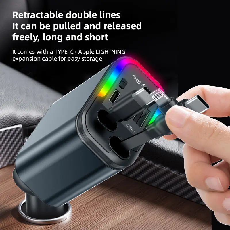 5-in-1 180W Car Fast Charger USB Type-C Power Adapter Retractable Phone Charger With Roof Starlight For IOS Android Phones