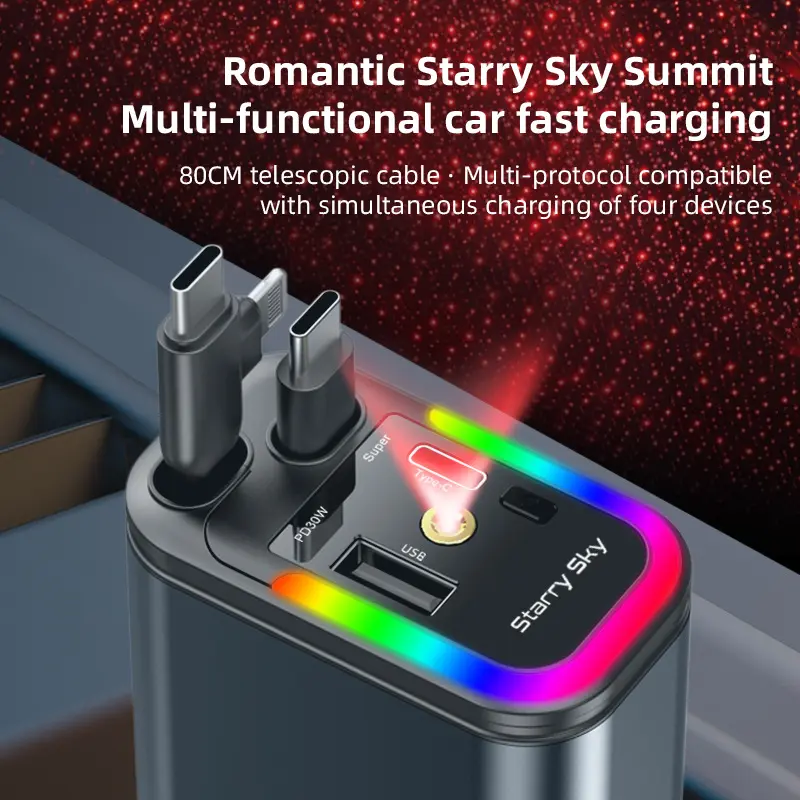 5-in-1 180W Car Fast Charger USB Type-C Power Adapter Retractable Phone Charger With Roof Starlight For IOS Android Phones