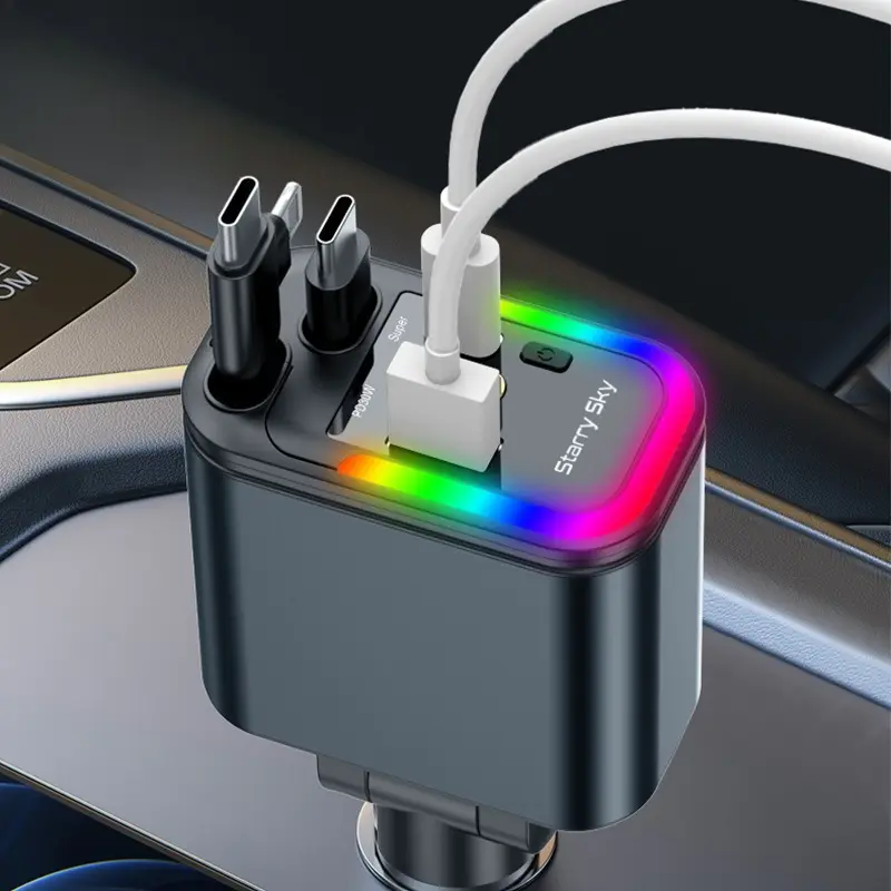 5-in-1 180W Car Fast Charger USB Type-C Power Adapter Retractable Phone Charger With Roof Starlight For IOS Android Phones