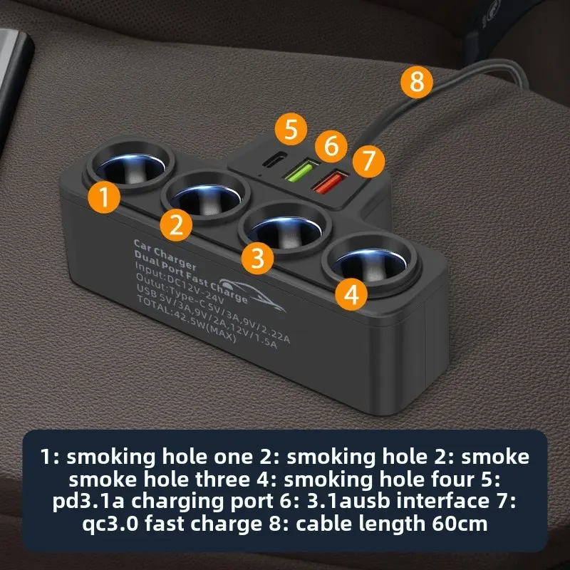 120W Car Phone Charger Cigarette Lighter Adapter PD 3.1A QC3.0 Multi Ports Quick Charge USB Charging Socket Splitter Plug