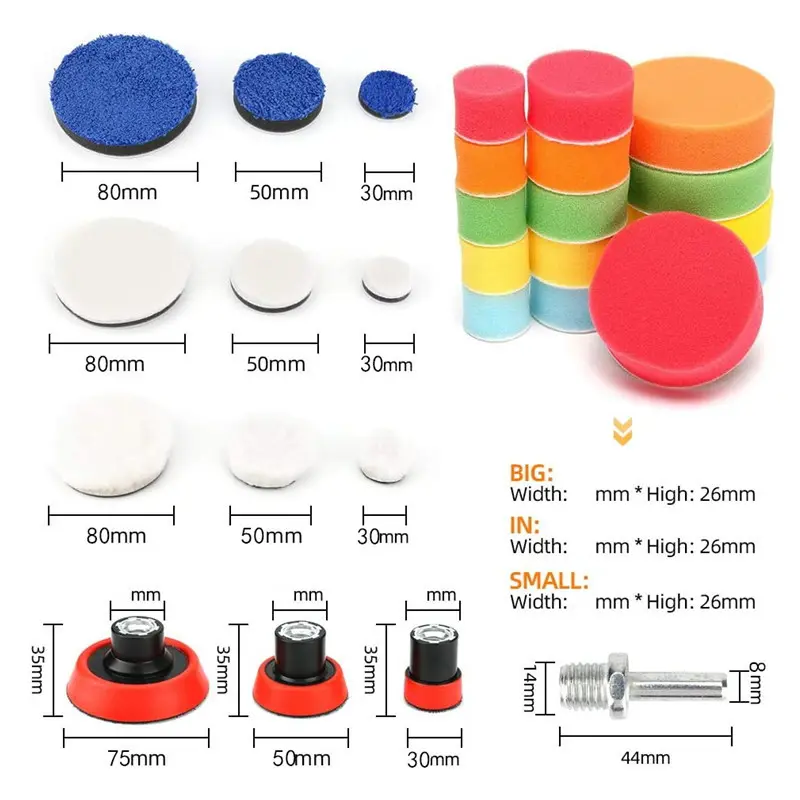 29Pcs Car Foam Drill Polishing Pad Kit 1.2/2/3 Inch Buffing Pads Sponge Set Kit M14 Drill Adapter Power Tool Car Polisher