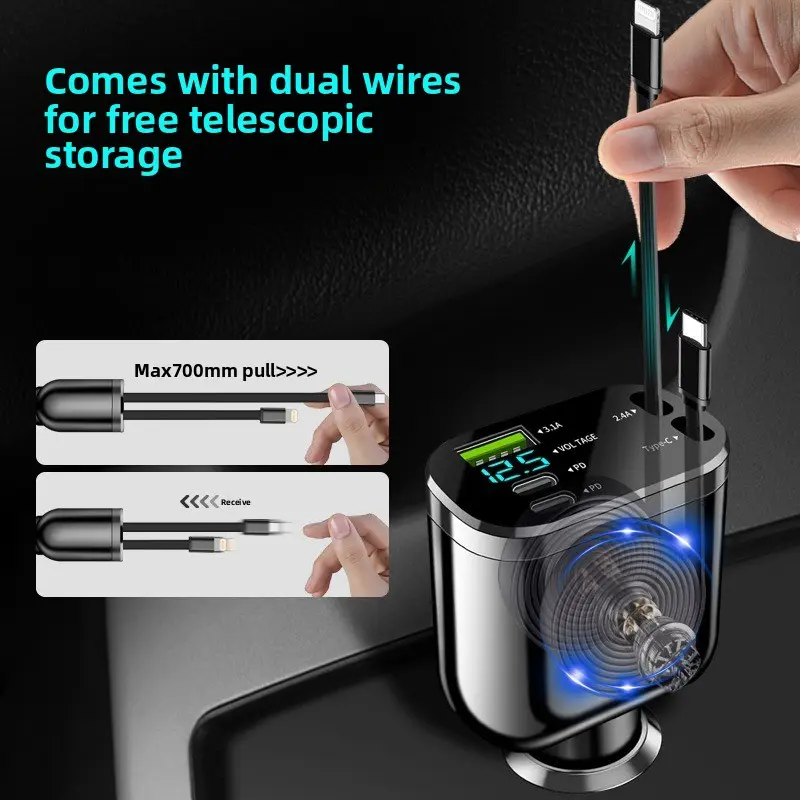 NEW 5-IN-1 100W Retractable Car Charger Mobile Phone USB PD Type C Cable For iPhone Fast Charge Cord Cigarette Lighter Adapter