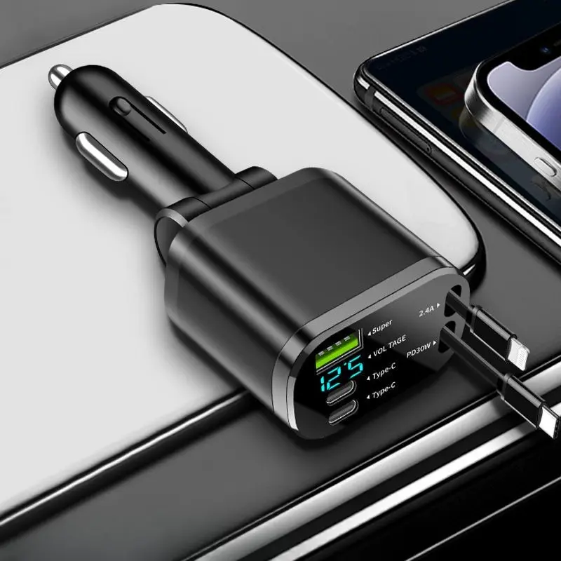 NEW 5-IN-1 100W Retractable Car Charger Mobile Phone USB PD Type C Cable For iPhone Fast Charge Cord Cigarette Lighter Adapter