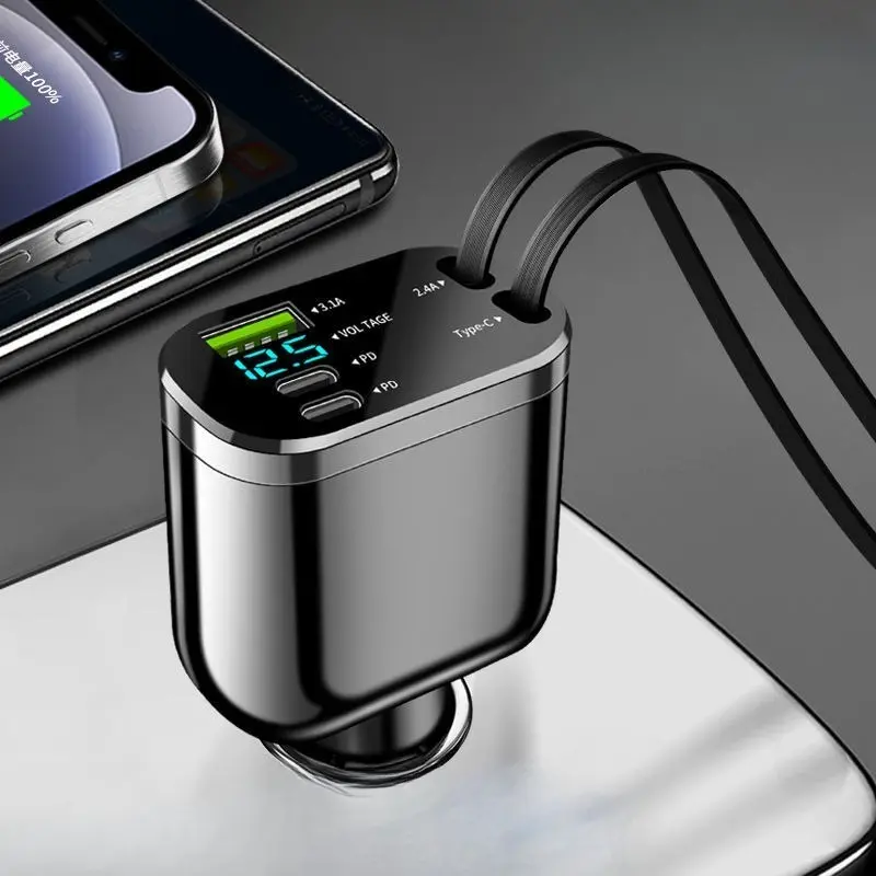 NEW 5-IN-1 100W Retractable Car Charger Mobile Phone USB PD Type C Cable For iPhone Fast Charge Cord Cigarette Lighter Adapter
