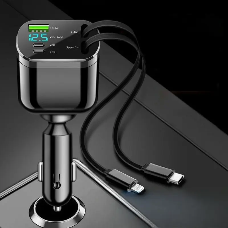 NEW 5-IN-1 100W Retractable Car Charger Mobile Phone USB PD Type C Cable For iPhone Fast Charge Cord Cigarette Lighter Adapter