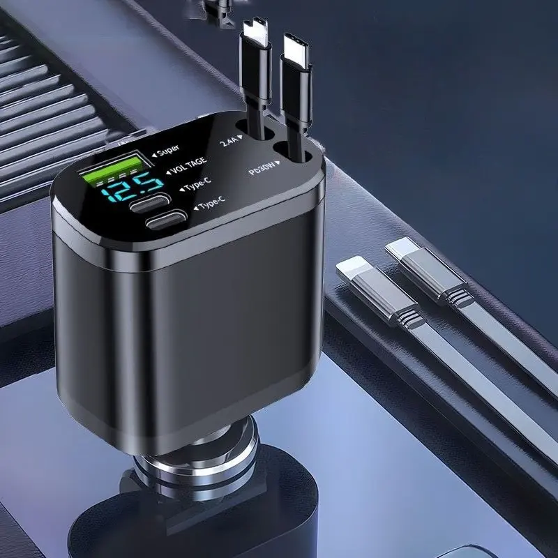 NEW 5-IN-1 100W Retractable Car Charger Mobile Phone USB PD Type C Cable For iPhone Fast Charge Cord Cigarette Lighter Adapter