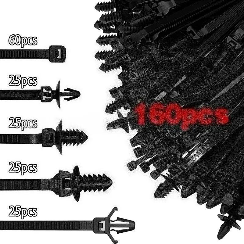 160PCS Push Mount Cable Ties Assortment Kit Automotive Wire Harness Fastener Clips Nylon Self Locking Zip Tie for Car Engine Bay