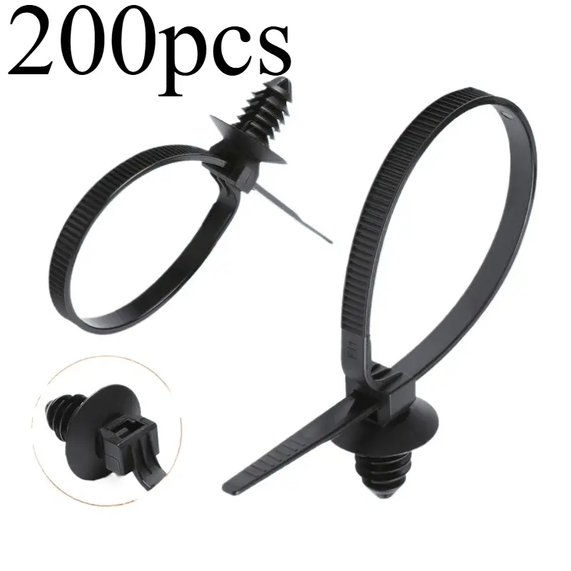 200pcs Automotive Nylon Cable Ties Self Locking Threaded Head Wire Organizer Universal Car Fastener Clip Auto Part Accessories