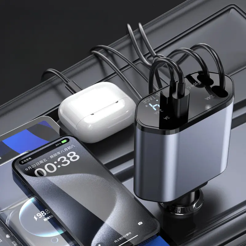 1pcs 4 IN 1 Retractable Car Charger Mobile Phone USB PD  For iPhone Fast Charge Cord Cigarette Lighter QC Adapter