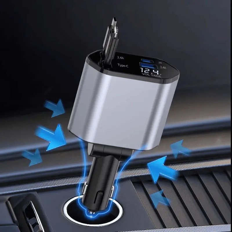 1pcs 4 IN 1 Retractable Car Charger Mobile Phone USB PD  For iPhone Fast Charge Cord Cigarette Lighter QC Adapter