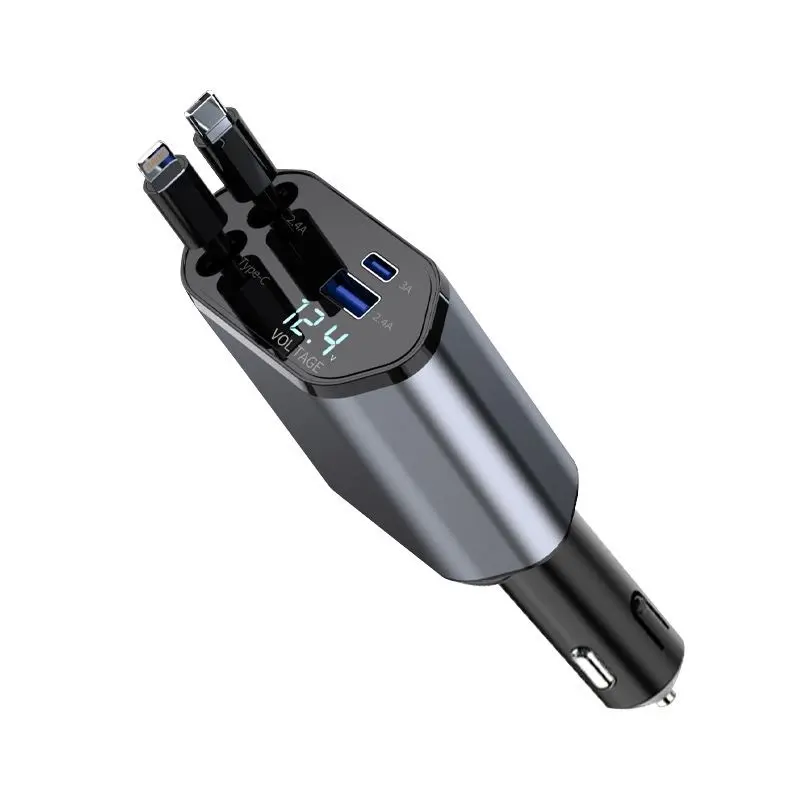 1pcs 4 IN 1 Retractable Car Charger Mobile Phone USB PD  For iPhone Fast Charge Cord Cigarette Lighter QC Adapter