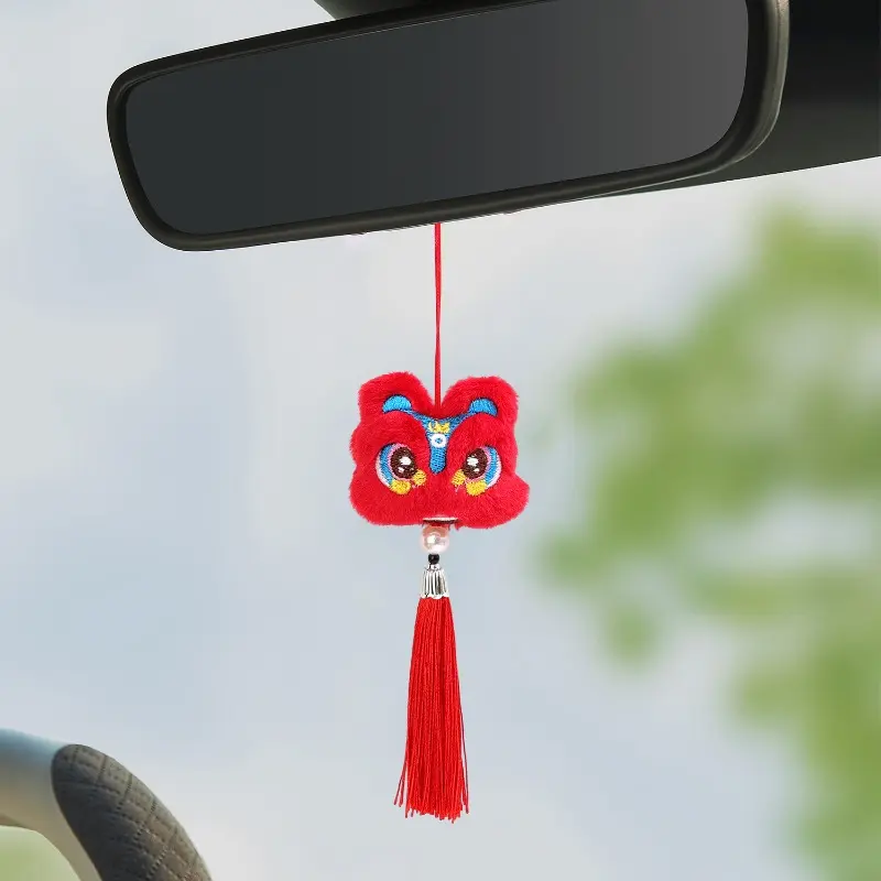 Chinese Style Car Pendant Plush Waking Lion Tassel Doll Auto Rearview Mirror Decoration Accessories New Year Celebration Charms