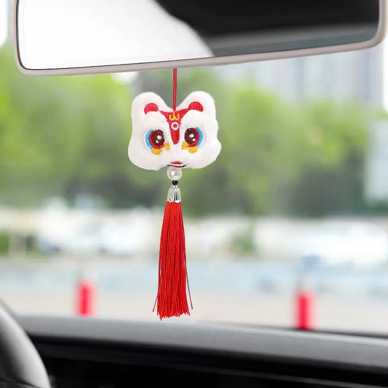 Chinese Style Car Pendant Plush Waking Lion Tassel Doll Auto Rearview Mirror Decoration Accessories New Year Celebration Charms