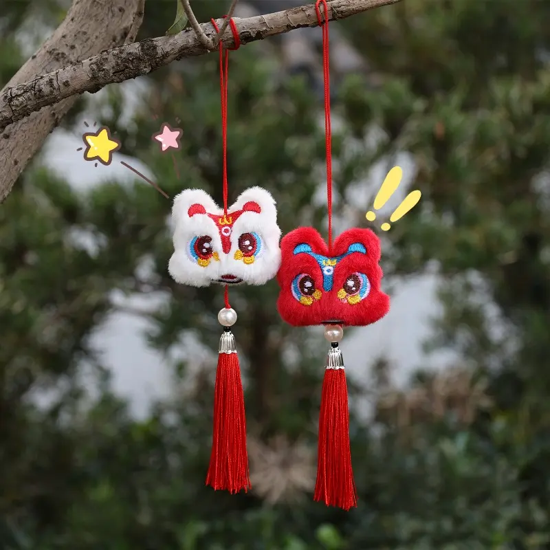 Chinese Style Car Pendant Plush Waking Lion Tassel Doll Auto Rearview Mirror Decoration Accessories New Year Celebration Charms
