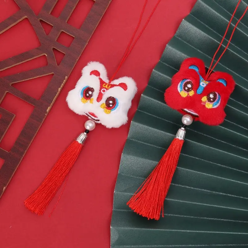 Chinese Style Car Pendant Plush Waking Lion Tassel Doll Auto Rearview Mirror Decoration Accessories New Year Celebration Charms
