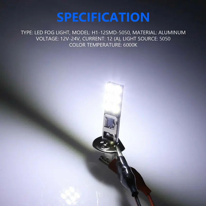 2x H1 6000K 1800LM Bright White DRL LED Headlight Bulb Kit High Beam 2525 Chips Fog Lamp Driving Light for Auto 12v Led Light