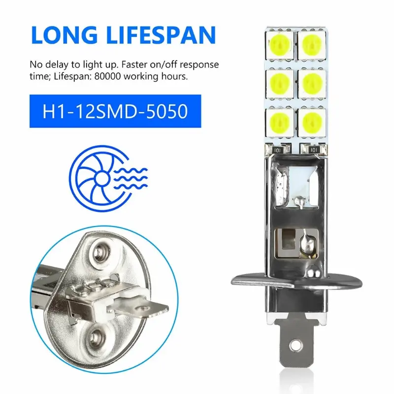 2x H1 6000K 1800LM Bright White DRL LED Headlight Bulb Kit High Beam 2525 Chips Fog Lamp Driving Light for Auto 12v Led Light