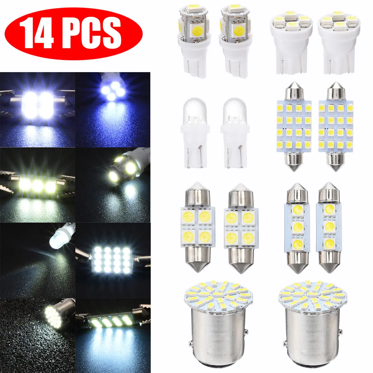 14pcs /Set LED 1157 T10 31/36/41mm Car Auto Interior Map Dome License Plate Replacement Light Kit White Lamp Set