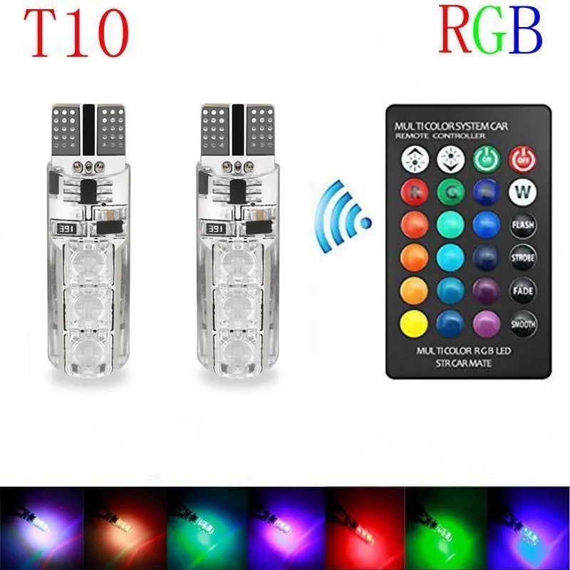 2pcs T10 5050  6SMD RGB Remote Control Led Car Light  Bulb Clearance Lights Multicolor W5w 501 Side Light Lamp Bulbs