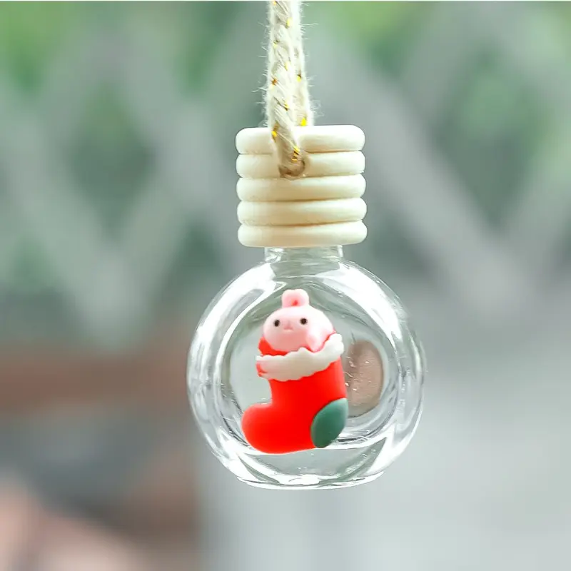 New Car Christmas Pendant Aromatherapy Bottle Cute Santa Wooden Lid Transparent Glass Empty Bottle Auto Interior Accessories