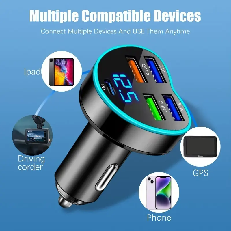 5In1 PD+4USB Heart Shape Digital Display Car Charger Super Fast Charging Phone Adapter Socket Cigarette Lighter Auto Accessories