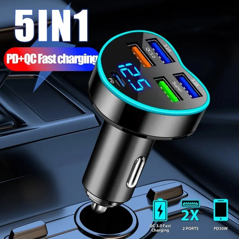 5In1 PD+4USB Heart Shape Digital Display Car Charger Super Fast Charging Phone Adapter Socket Cigarette Lighter Auto Accessories