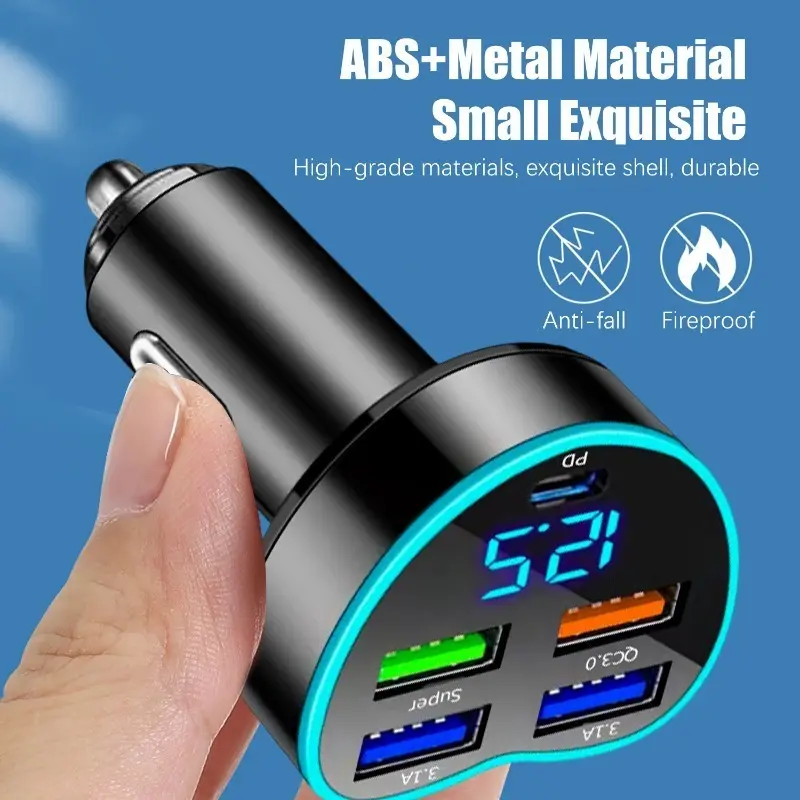 5In1 PD+4USB Heart Shape Digital Display Car Charger Super Fast Charging Phone Adapter Socket Cigarette Lighter Auto Accessories