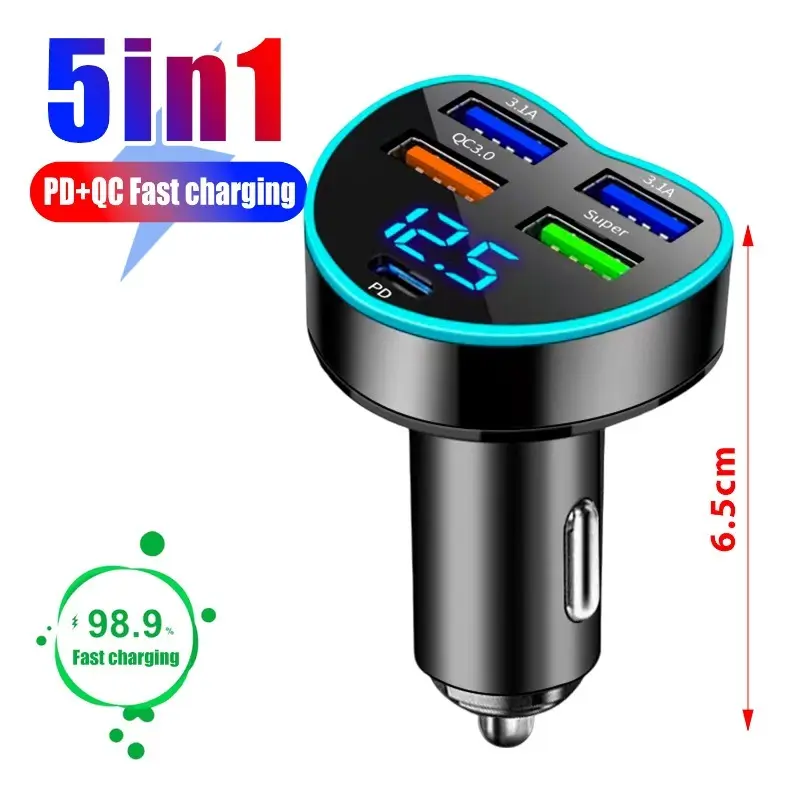 5In1 PD+4USB Heart Shape Digital Display Car Charger Super Fast Charging Phone Adapter Socket Cigarette Lighter Auto Accessories